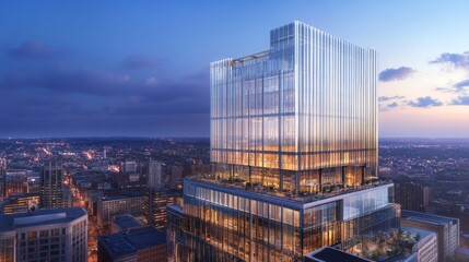 Fototapeta premium Futuristic Glass Tech Tower Illuminating City Skyline: Modern Architectural Marvel with Blue Lights Reflecting Urban Innovation. Corporate Headquarters Exemplifying Cutting-Edge Design and Technologi