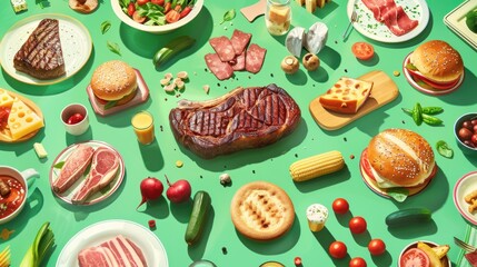 The image is a colorful collage of various foods, including meat, vegetables, and bread.