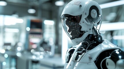 Fototapeta premium Futuristic Robot Head in Factory.