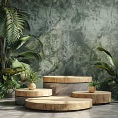 Obraz premium Wooden Podiums with Tropical Plants Against a Green Wall