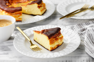 San Sebastian cheesecake . Traditional Spanish dessert.