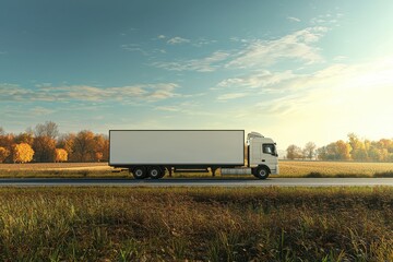 White cargo truck driving on a picturesque countryside road with a clear blue sky. Blank truck mockup for advertising. Ideal for concepts related to transportation, logistics and shipping