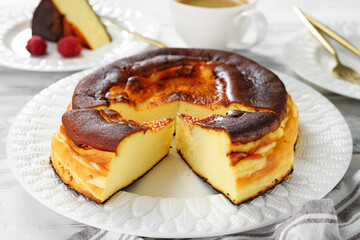 San Sebastian cheesecake . Traditional Spanish dessert.