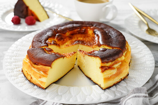 San Sebastian cheesecake . Traditional Spanish dessert.