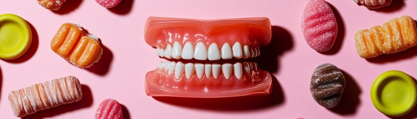 Obraz premium A playful setup with dentures surrounded by colorful candy and sweets suggesting a whimsical contrast between dental care and indulgence