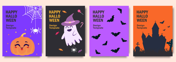 Set of colorful Halloween greeting cards with festive designs featuring a cute pumpkin, ghost with a witch hat, bats, and a haunted house. Design for party invitation, decoration, greeting cards. 