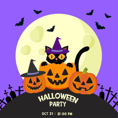 Halloween party invitation with black cat and smiling pumpkins and full moon. Trendy design for  invitation, festive event, promotions, social media and party decoration