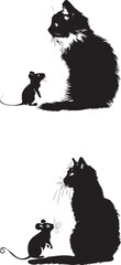 Cat and Mouse Playing silhouette on white background