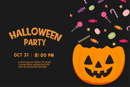 Halloween party invitation design with a jack-o'-lantern and candy. Perfect for creating festive party invitations, event flyers, posters, and social media announcement, Halloween celebration.
