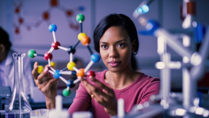 A woman holding up a model of the structure of an atom, AI