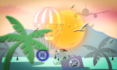 Outdoor Travel sunny landscape with beach scenery includes gas balloons aeroplane seahawks with direction wheel camara travel guide  illustration Artwork in vivid colour scheme background 