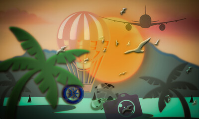 Outdoor Travel sunny landscape with beach scenery includes gas balloons aeroplane seahawks with direction wheel camara travel guide  illustration Artwork in vivid colour scheme background 