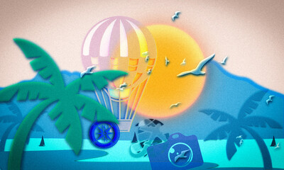 Outdoor Travel sunny landscape with beach scenery includes gas balloons aeroplane seahawks with direction wheel camara travel guide  illustration Artwork in vivid colour scheme background 