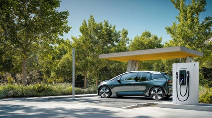 An electric car is plugged into a charging station at a contemporary charging hub, set against a backdrop of lush trees and clear blue skies