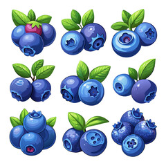 Comprehensive Set of Blueberries and Berries: Detailed Isolated Illustrations and Patterns on White Backgrounds, set of blueberries, blueberries and berries, blueberries isolated on white 