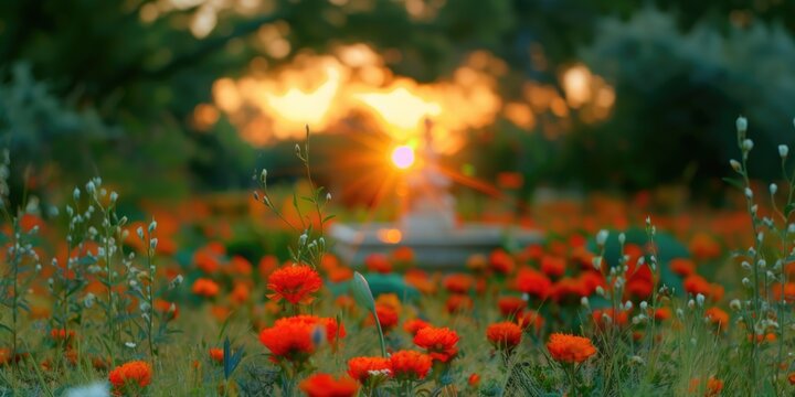 Poppy filed on a sunset sky background