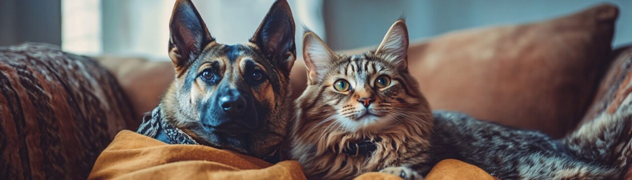 A vintage photograph of a dog and a cat wearing matching Victorian costumes posing for a portrait in a grand old manor Historical aesthetic nostalgic feeling