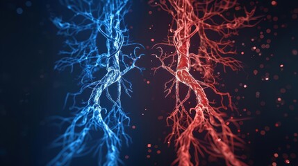Abstract digital art of two intertwined branches, one blue and one red, against a dark background.