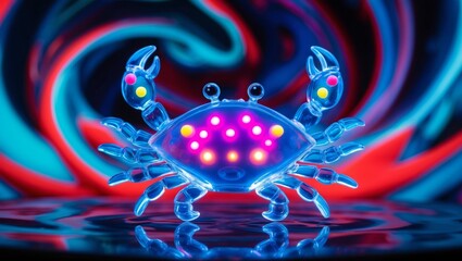 A luminous crab figurine shines amid dynamic, colorful swirls