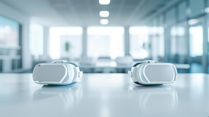Modern Virtual Reality Headsets in Bright Office Environment for VR AI Tech & Business Innovation