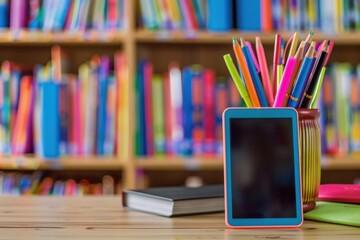 Colorful Stationery and Tablet on Desk in Vibrant Library Setting for Educational Use