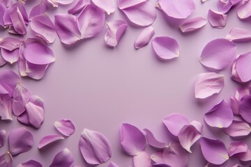Obraz premium Pink Rose Petals Border on Pastel Purple Background - Romantic Floral Themes