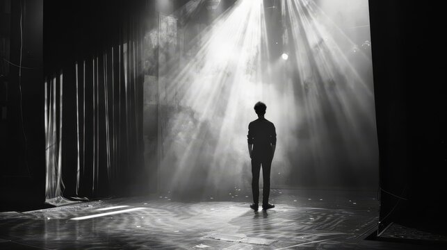 A contestant leaving a stage emptyhanded, looking back in regret, poignant and emotional, loss