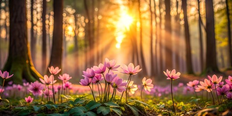pinky flowers and sunrise in the forest Generative AI