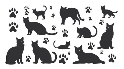 Set of vector silhouettes of cats and paw prints on a white background, 