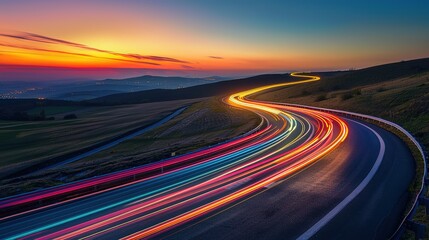 Naklejka premium colorful light trails on a winding highway at sunset
