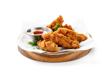 Delicious crispy fried breaded chicken breast strips with ketchup. isolated on white background