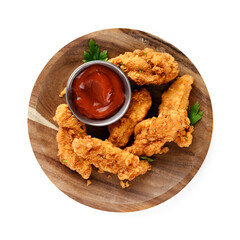 Delicious crispy fried breaded chicken breast strips with ketchup. isolated on white background. top view