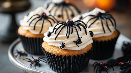 spooky spider web cupcakes with black and white frosting, topped with candy spiders