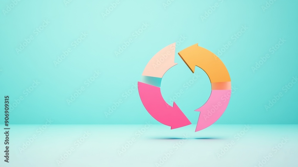 Poster three circular arrows, each with a different color, rotating around a central point, representing a 