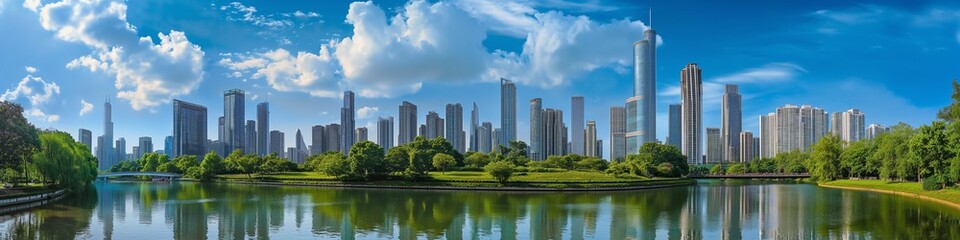 Panorama of Cityscape with modern skyscrapers, lush green park, and reflections on a calm river under a vibrant blue sky.
