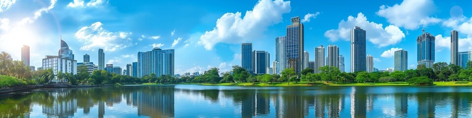 Panorama of Cityscape with modern skyscrapers, lush green park, and reflections on a calm river under a vibrant blue sky.
