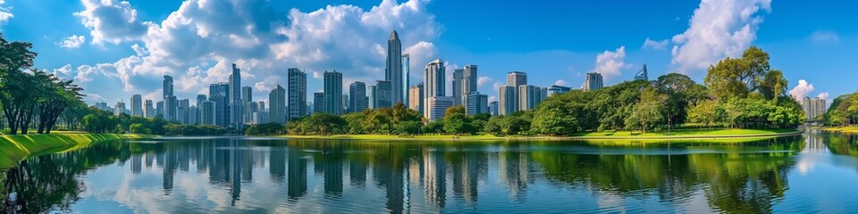 Fototapeta premium Panorama of Cityscape with modern skyscrapers, lush green park, and reflections on a calm river under a vibrant blue sky. 