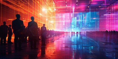 Futuristic Abstract Business Meeting Showcase: Neon-Colored Presentation Stands Highlighting Innovations in the Corporate World.