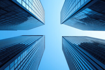 A stunning view of modern skyscrapers against a clear blue sky, showcasing the impressive architecture and urban landscape of the city.