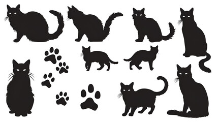 Set of vector silhouettes of cats and paw prints on a white background, 