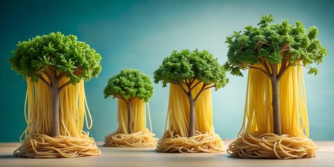 surreal picture of trees where pasta spaghetti and various types of pasta grow AI Generative