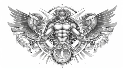 Fototapeta premium Tattoo art line, illustrated in Illustrator, perfect generation without design errors, pure white and clean background. A geometric and realistic style tattoo