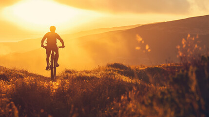 Fototapeta premium Silhouette of Adventurous Biker Riding Towards Sunset in Golden Hour Glory