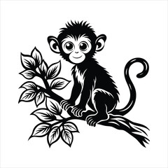 Fototapeta premium Baby Monkey on tree black vector