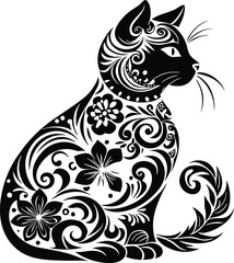 A stylized black silhouette of a cat, featuring intricate swirls, floral patterns and decorative elements