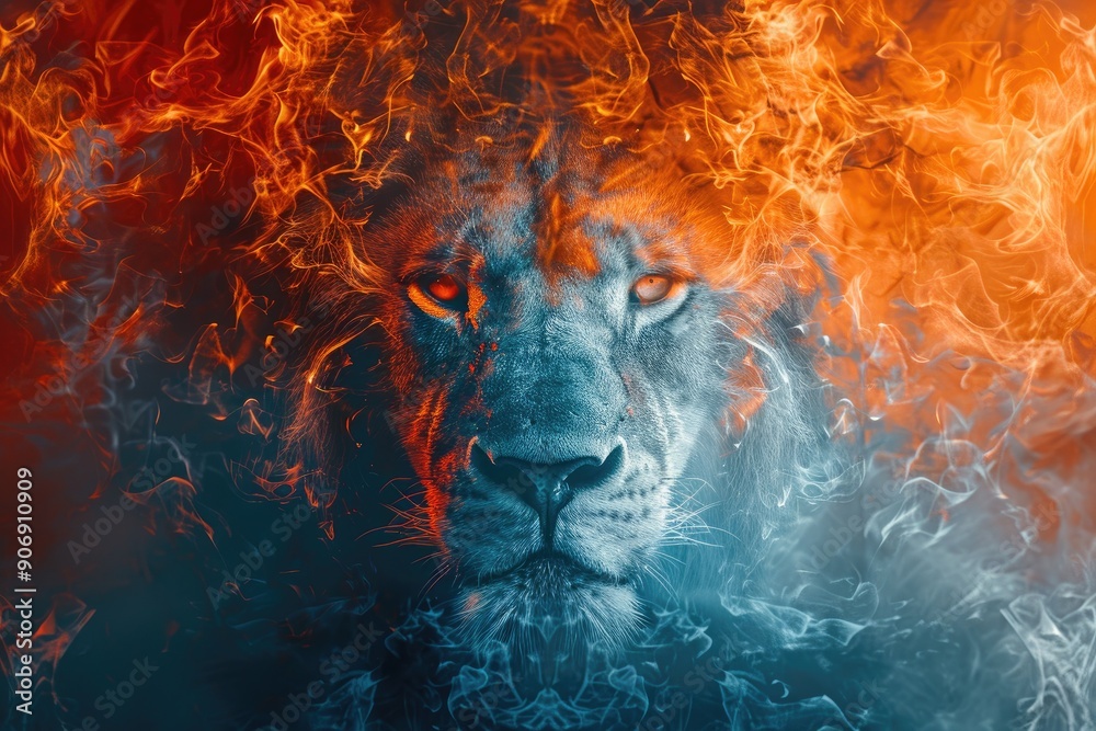 Poster Lion's Face Emerging From Fire and Smoke