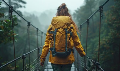 An adventurous girl walks on a bridge in the forest, representing nature, lifestyle, and the Caucasian people.