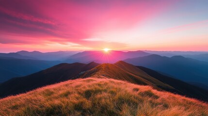 A vibrant sunrise over a serene mountain range, showcasing the fiery hues of the sky.
