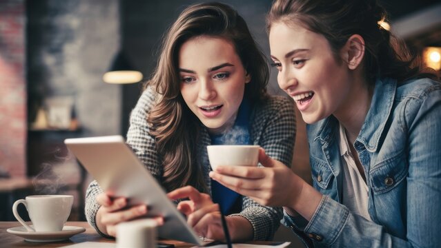 Two women are sitting at a table and looking at something on the tablet, AI - Powered by Adobe