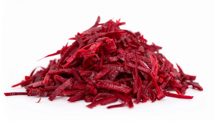 Heap of vibrant shredded beetroot on isolated white. Tasty vegetable. Organic and fresh.